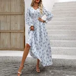 Floral Maxi Dress Elegant French Style Fresh and Sweet Design Perfect for Autumn and Winter Whol
