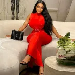 Fashionable Solid Color Maxi Dress for Women Sleeveless Round Neck Backless High Slit Ideal for