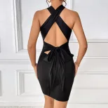 Backless Bodycon Dress Elastic Fabric Halter Neck Sexy Design Spring Summer Fashion for Women Wh