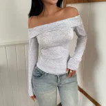 Slim Fit Long Sleeve Top Solid Color Off Shoulder Design Stylish for Spring and Autumn Wholesale