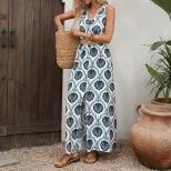 Sleeveless Floral Print Dress Round Neck Split Hem Ethnic Style Perfect for Vacation Wholesale A