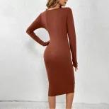 Knitted Bodycon Dress Sexy Hollow Waist Design Slim Fit Long Length Perfect for Parties and Nigh