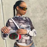 Womens High Waisted Cropped T Shirt Sexy Sheer Mesh Round Neck Long Sleeve Face Print Casual Wea