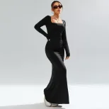 Black Knit Long Sleeve Bodycon Dress Square Neck Sexy Fit Elegant Style Perfect for Parties and