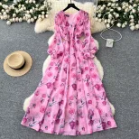 Elegant Womens Floral Chiffon Dress Slim Fit Waist Design Long Sleeve for Spring and Summer