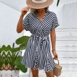 Ruffled Hem Striped Dress Waist Adjustable Shirt Collar Versatile Design Perfect for Casual Outi