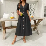 Summer Casual V Neck Short Sleeve Dress Solid Color Beach Vacation Style Wholesale Available OEM