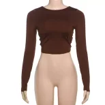 Womens Long Sleeve Crop Top Sexy Backless Design Solid Color Slim Fit Stylish Winter Fashion Who