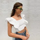Womens Ruffled Sleeve Backless T Shirt Sweet and Fresh Design Square Neck Sleeveless Casual Wear
