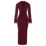 Knit Bodycon Dress Long Sleeve Deep V Neck Fringe Detail Solid Color Autumn Winter Fashion for P