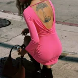 Fuchsia Backless Bodycon Dress Long Sleeve Slim Fit Elegant Style Perfect for Spring and Summer