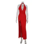 Sleeveless Deep V Neck Backless Maxi Dress High Slit Sexy Elegant Perfect for Red Carpet Events