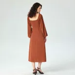 Elegant Midi Dress Square Neck Split Hem Autumn Winter French Style Perfect for Sophisticated Oc