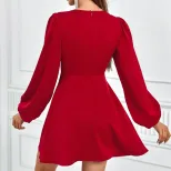 Sexy Hollow Out Tie Waist Puff Sleeve Dress Elegant Design Comfortable Fabric Perfect for Partie
