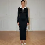 Long Sleeve Color Block Bodycon Knit Dress Slim Fit Lapel Collar Button Closure Elegant Style Pe