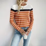Womens Long Sleeve Striped T Shirt Casual Round Neck Soft Fabric Autumn Wear custom packaging