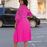 Plus Size Womens Lace Panel Pleated Hollow Out Dress Elegant Design Summer Style African Fashion