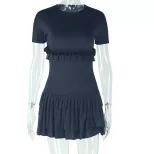 Fashionable Womens Bodycon Dress Solid Color Pleated Design Short Sleeve Round Neck Casual Wear