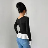 Black One Shoulder Top with Metal Ring Detail Asymmetrical Hem Ruffled White Trim Spring Summer