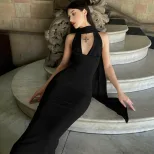 Elegant Halter Neck Bodycon Dress Slim Fit Flowing Ribbons High Quality Fabric Evening Wear Cock