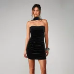 Summer Velvet Bodycon Dress Sleeveless Off Shoulder Ruched Design Elegant Party Wear Wholesale A