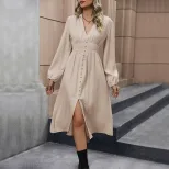 Fashionable Womens Solid Color Long Sleeve Split Dress Elegant Design Versatile for Spring and A