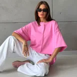Womens Loose Fit Cotton T Shirt Distressed Short Sleeve Color Block Design Spring Summer Casual