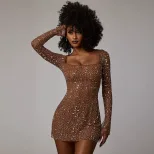 Bodycon Mini Dress Long Sleeve Square Neck Rhinestone Embellished Sheer Mesh Night Out Party Wea