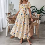 Floral Print Square Neck Short Sleeve Dress French Vacation Style Summer Collection Wholesale Av