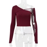 Womens Long Sleeve T Shirt Sexy Irregular Asymmetrical Neckline Hollow Out Design Slim Fit Autum