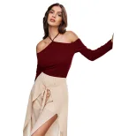 Off Shoulder Long Sleeve T Shirt Slim Fit Burgundy Color Spring Summer Style Womens Casual Wear