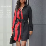 Color Block Long Sleeve Shirt Dress for Women in Black Casual Autumn Winter Style