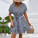 Ruffled Hem Striped Dress Waist Adjustable Shirt Collar Versatile Design Perfect for Casual Outi
