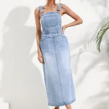 Denim Midi Dress Waist Defining Sleeveless Trendy Design Casual Wear for Summer Wholesale Availa
