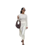 Lace Hollow Out Top Pearl Button Split Design Fitted Bell Sleeve Elegant Casual Wear for Women W