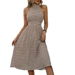 Vintage Geometric Print Halter Neck Dress Half High Collar Elegant Silhouette Comfortable Fabric
