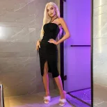 Off Shoulder Bodycon Dress Sexy Split Hem Halter Neck Y2K Style Spring Summer Fashion for Women