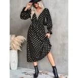 V Neck Polka Dot Dress Elegant Style Trendy Design Suitable for Casual or Party Wear Wholesale A