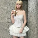 Summer Womens Pearl Chain Bustier Top and Fringe Mini Skirt Set European Style Chic Design Trend