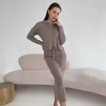 Knitted Two Piece Set Soft Chenille Yarn Split Sweater Tied Midi Skirt Autumn Winter Fashion Who