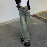 港风复古做旧直筒牛仔裤女秋季小个子高腰显瘦垂感拖地阔腿长裤潮