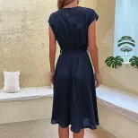 Casual Summer Dress Simple Solid Color Pleated Design Comfortable Fit Perfect for Everyday Wear