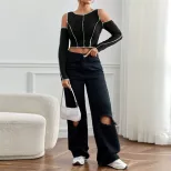 Slim Fit Color Block Off Shoulder Long Sleeve T Shirt Stylish Stitching Detail Casual Wear for W