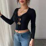 Black Long Sleeve T Shirt Hollow Out V Neck Solid Color Sexy Design Casual Wear for Women Wholes