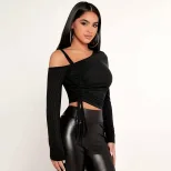 Womens Trendy Spring Summer T Shirt Off Shoulder Slim Fit Solid Color Asymmetrical Neckline Casu