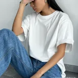Womens Loose Fit Solid Color Short Sleeve Cotton T Shirt Casual Style Versatile Comfortable Whol