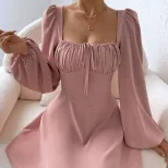 A Line Dress Waist Defined Puff Sleeves Square Neck Sweet Style for Autumn and Winter Wholesale