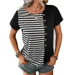 Summer Womens Striped Color Block T Shirt Short Sleeve Casual Style Lightweight Fabric Wholesale