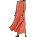 Summer Womens Cotton Linen Dress Sleeveless Round Neck Pocket Design Casual Wear for Everyday Us