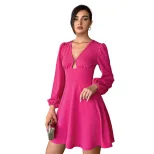 Womens Mini A Line Dress V Neck Puff Sleeves Waist Defined Elegant Autumn Winter Style Wholesale